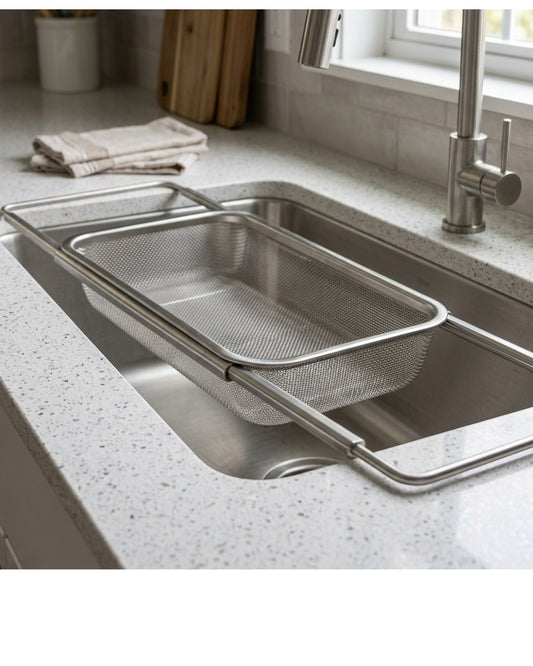 Tidie Railspan Expandable Stainless Mesh Over-Sink Draining Basket 16 in - Lifestyle view