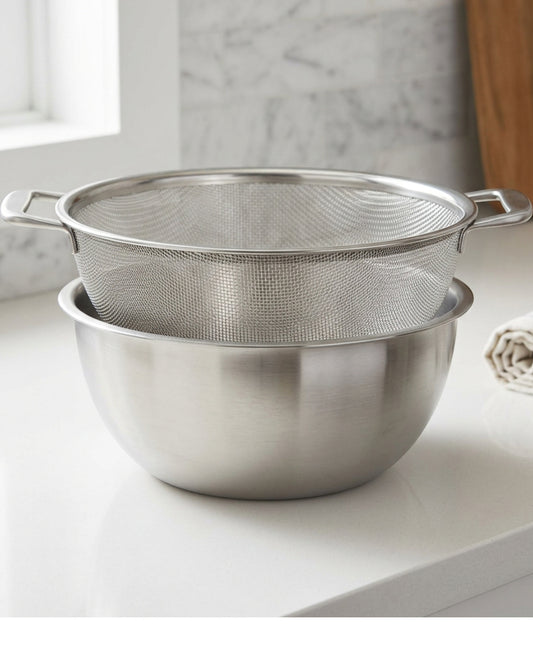 Tidie Bowlmate Stainless Mesh Draining Basket with Catch Bowl 11 in 2 Piece - Lifestyle view